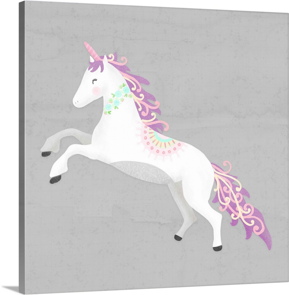 A decorative whimsical design of a white and purple unicorn with a watercolor gray backdrop.