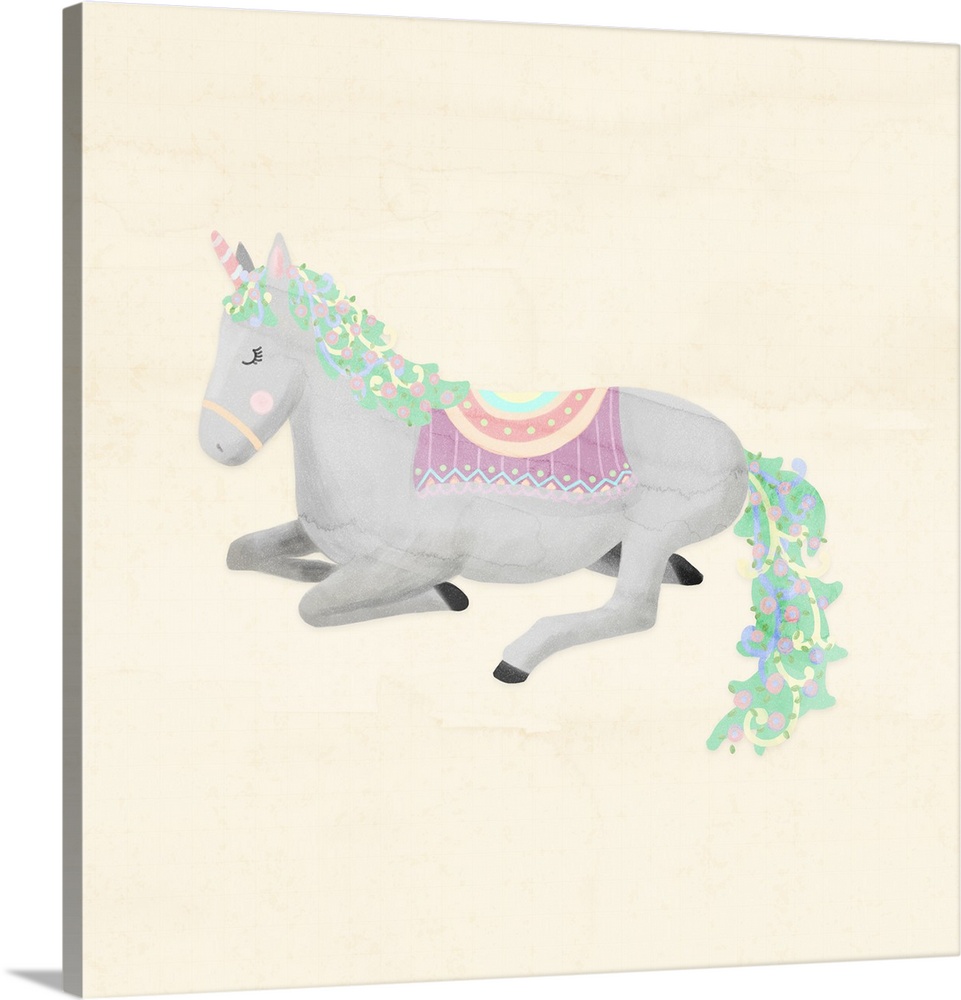 A decorative whimsical design of a gray and green unicorn with a watercolor beige backdrop.