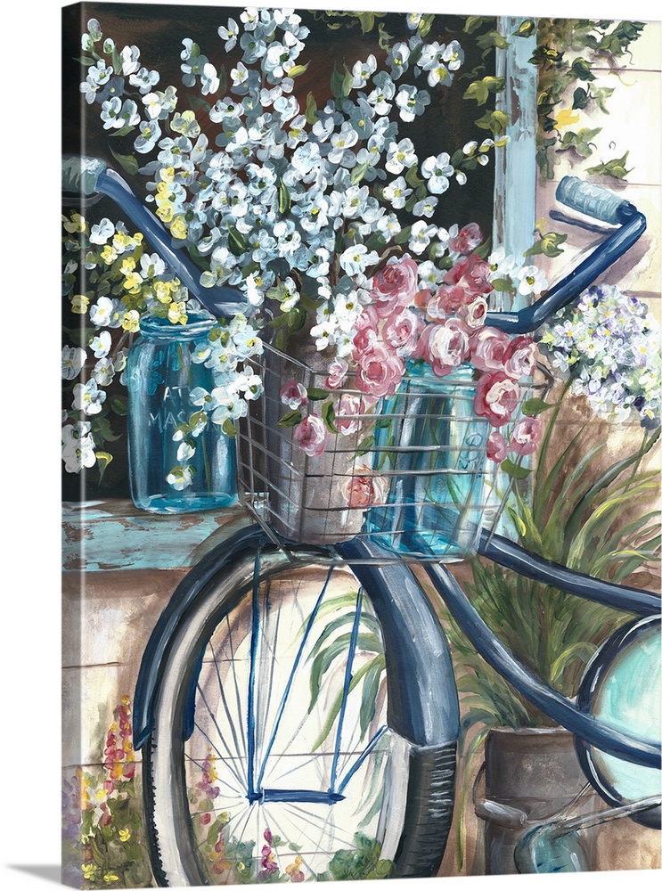 Vertical contemporary painting of a blue bicycle leaning against a window, with summer flowers throughout.