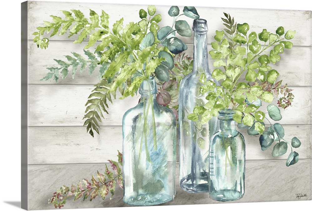 A decorative watercolor painting of a glass mason jar full of ferns in subdue tones.