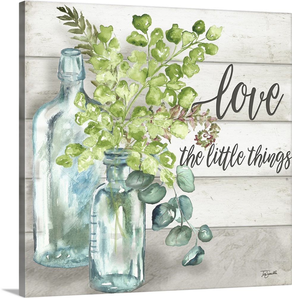 "Love The Little Things" with glass bottles and greenery on a gray wood panel background.