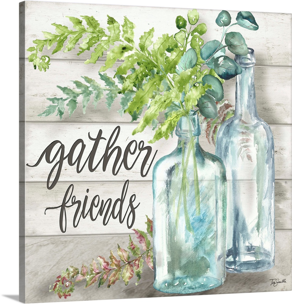 "Gather Friends" with glass bottles and greenery on a gray wood panel background.