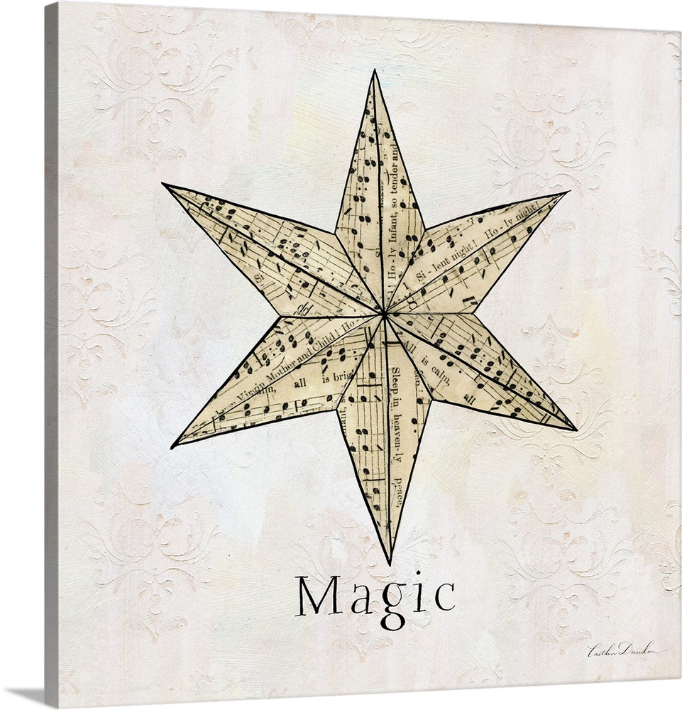 "Magic" along with a star silhouette made of sheet music on a floral etched neutral background.