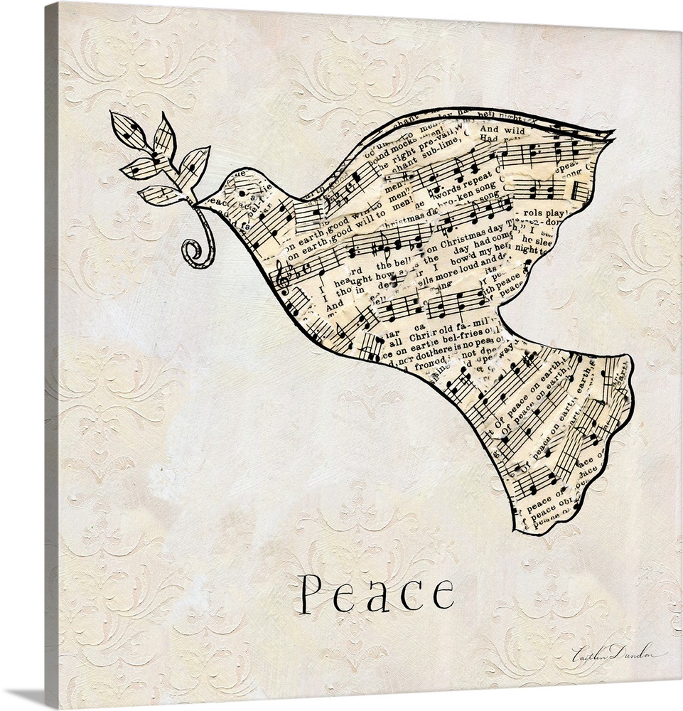 "Peace" along with a dove silhouette made of sheet music on a floral etched neutral background.