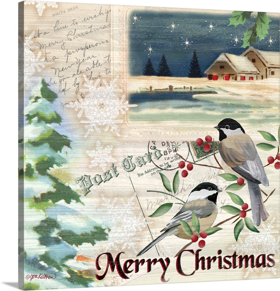 An artistic design of two birds on a vintage postcard of a snowy scene and the text "Merry Christmas."