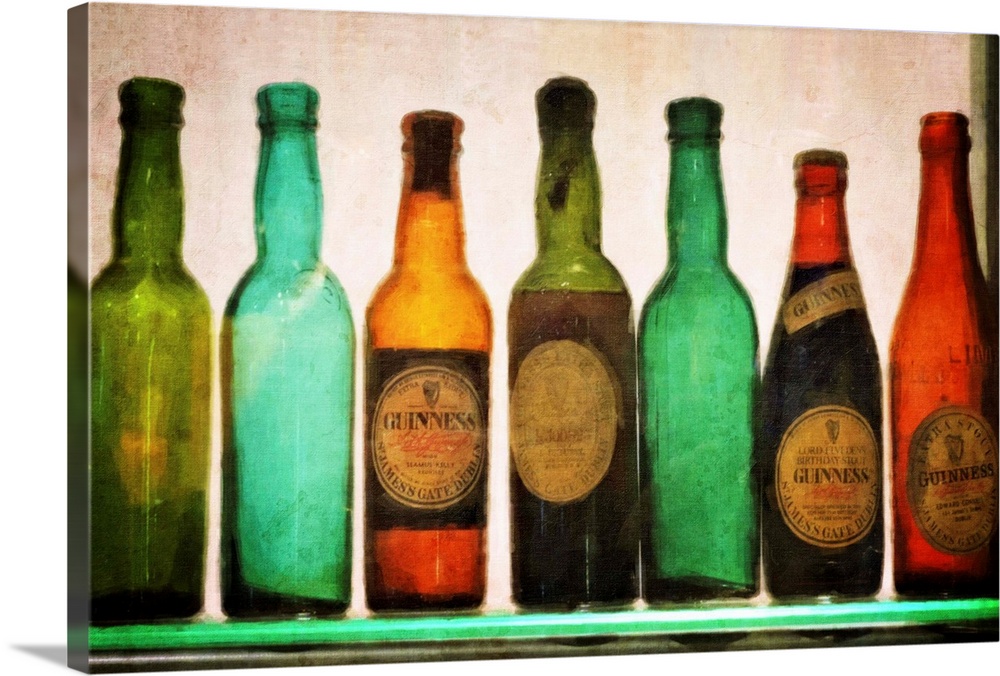 A decorative image of a row of colorful beer bottles on a shelf.