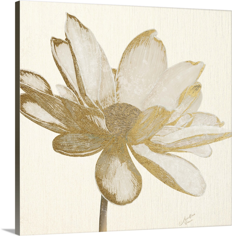 Square decorative image of a large flower with metallic gold accents.