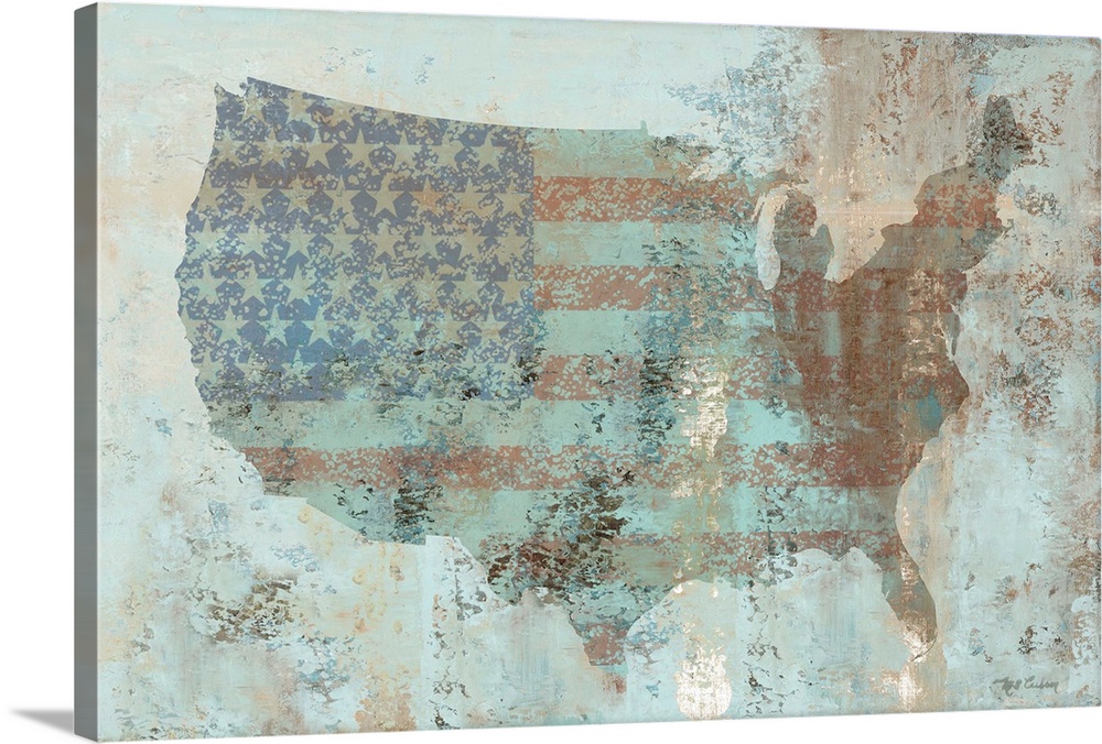 A decorative image of the map of United States of America in the flag with a distressed appearance.