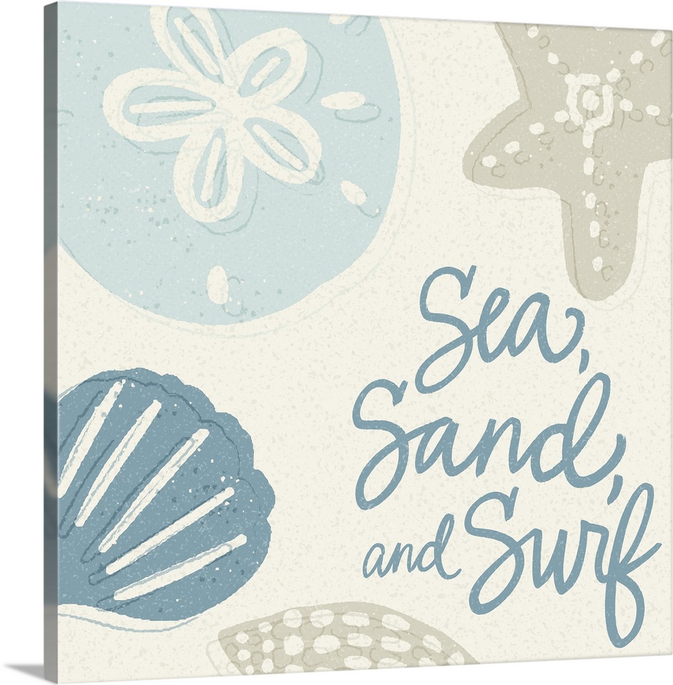 "Sea, sand, and surf" with sea shells in muted shades of beige and blue on a neutral background.