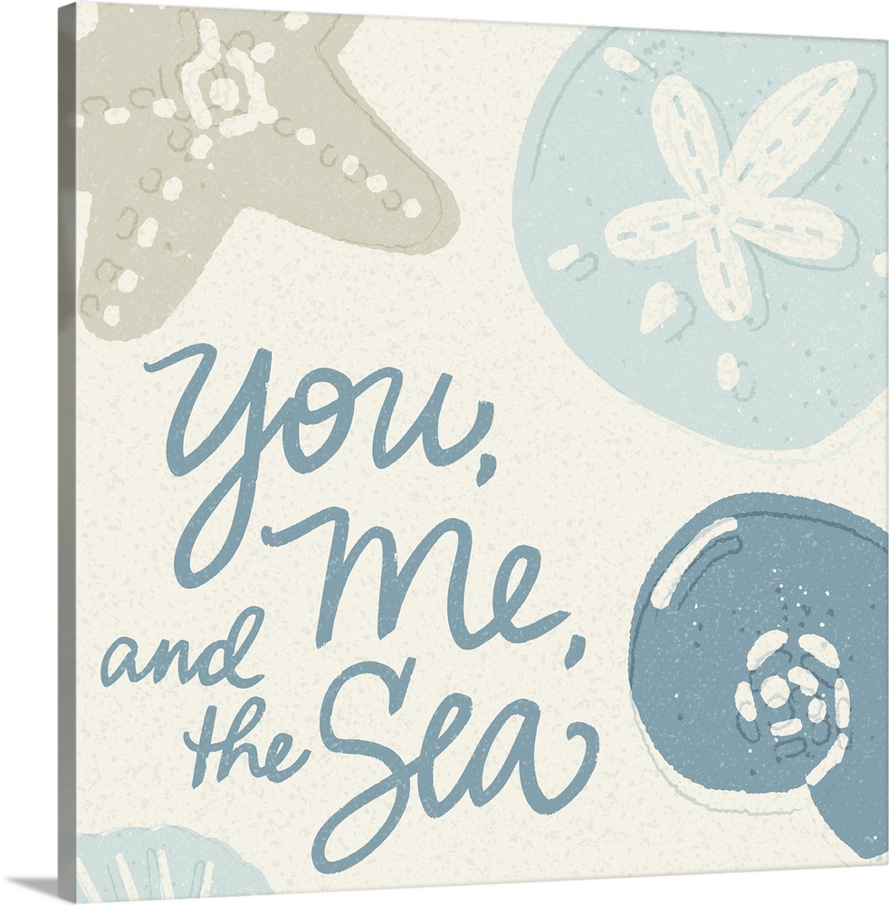 "you, me, and the sea" with sea shells in muted shades of beige and blue on a neutral background.