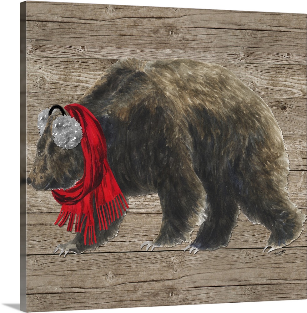 Decorative image of a brown bear wearing ear muffs and a red scarf against a wood panel backdrop.