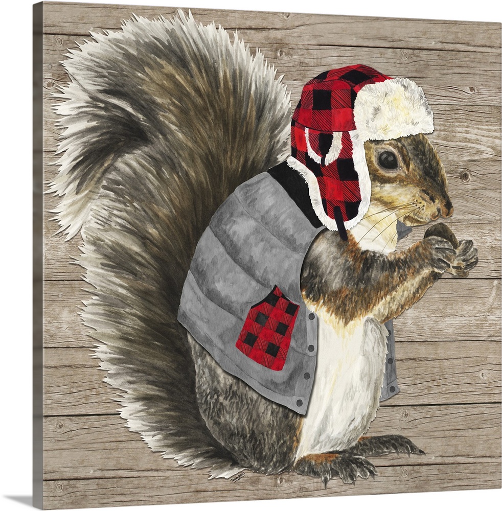 Decorative image of a brown squirrel wearing a plaid cap and vest against a wood panel backdrop.