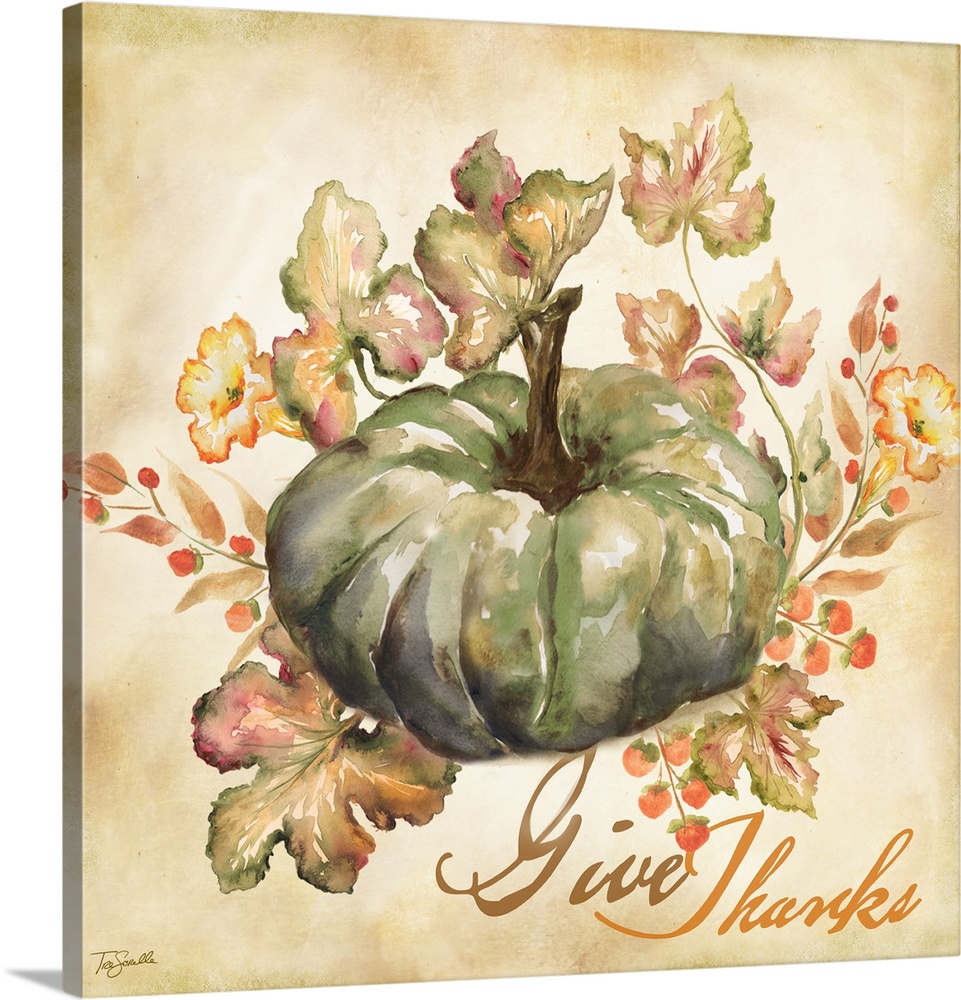 Watercolor seasonal design of a blue pumpkin and leaves with the text "Give Thanks".