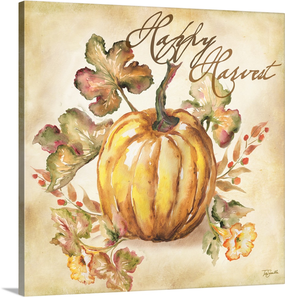 Watercolor seasonal design of an orange pumpkin and leaves with the text "Happy Harvest".