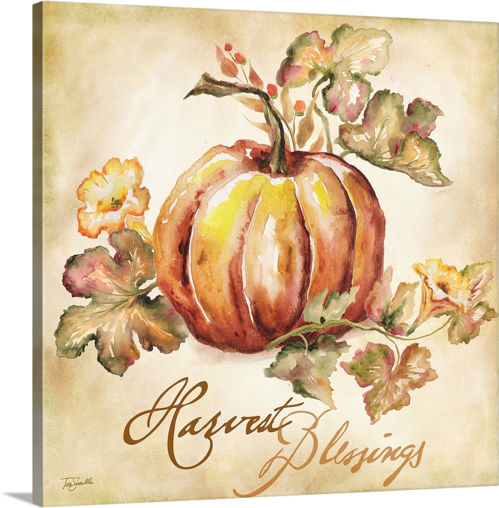 Watercolor seasonal design of an orange pumpkin and leaves with the text "Harvest Blessings".