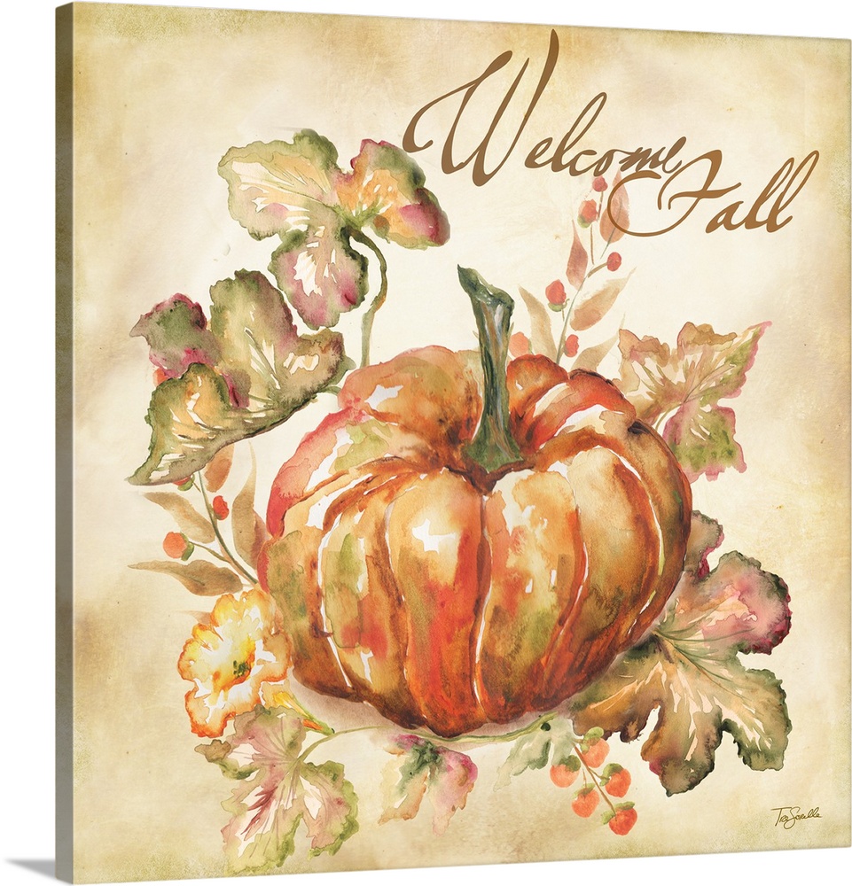 Watercolor seasonal design of an orange pumpkin and leaves with the text "Welcome Fall".