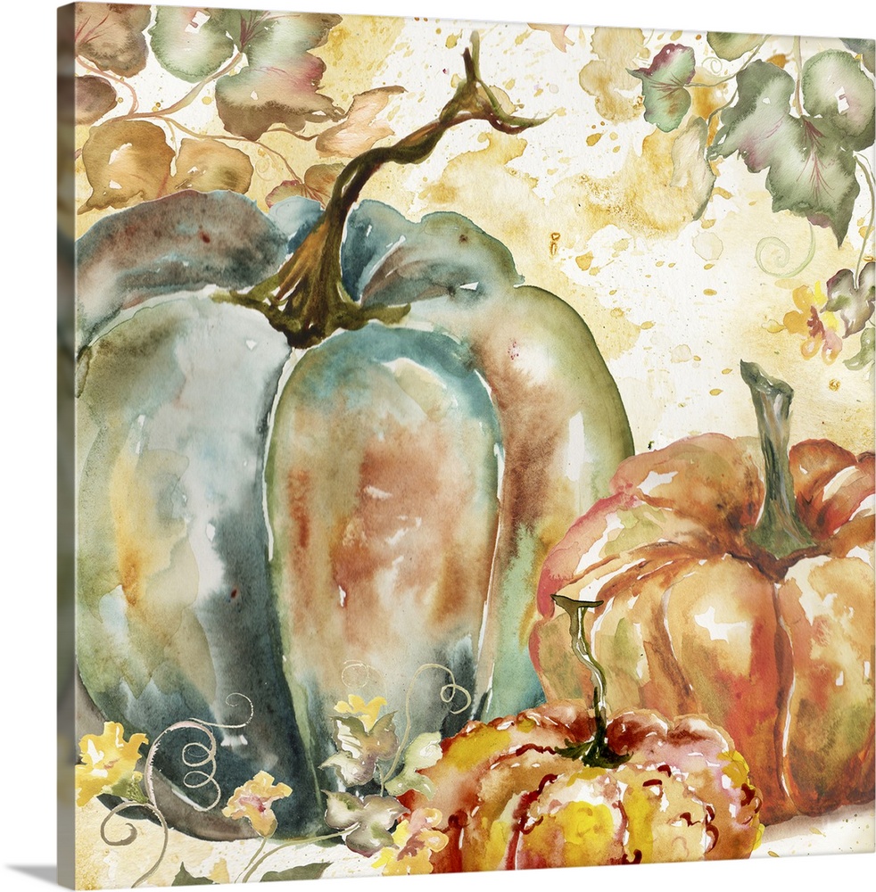 A watercolor painting of a group of pumpkins with autumn leaves in warm shades.