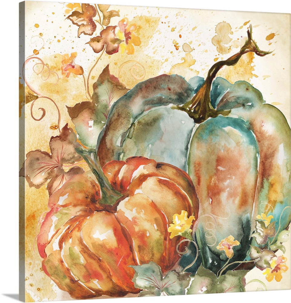A watercolor painting of a group of pumpkins with autumn leaves in warm shades.