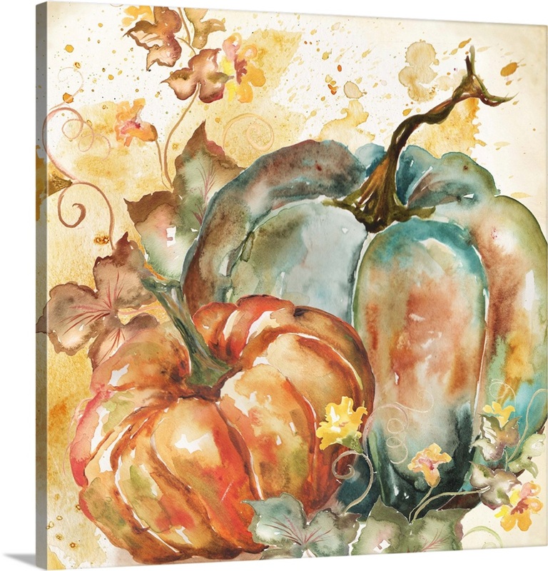 Watercolor Harvest Teal and Orange Pumpkins II | Great Big Canvas