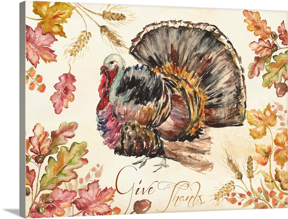 A watercolor painting of a turkey with autumn leaves in warm shades.