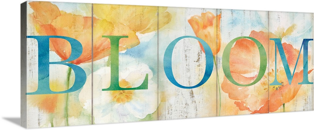 "Bloom" in blue and green over a watercolor image of white, orange and yellow flowers with a wood plank appearance.