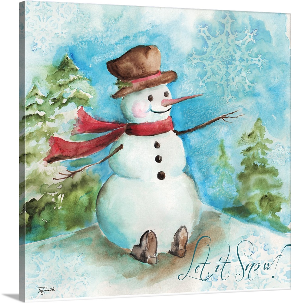 A decorative watercolor image of a snowman in a forest with snowflakes in the sky and the text "Let is Snow!"