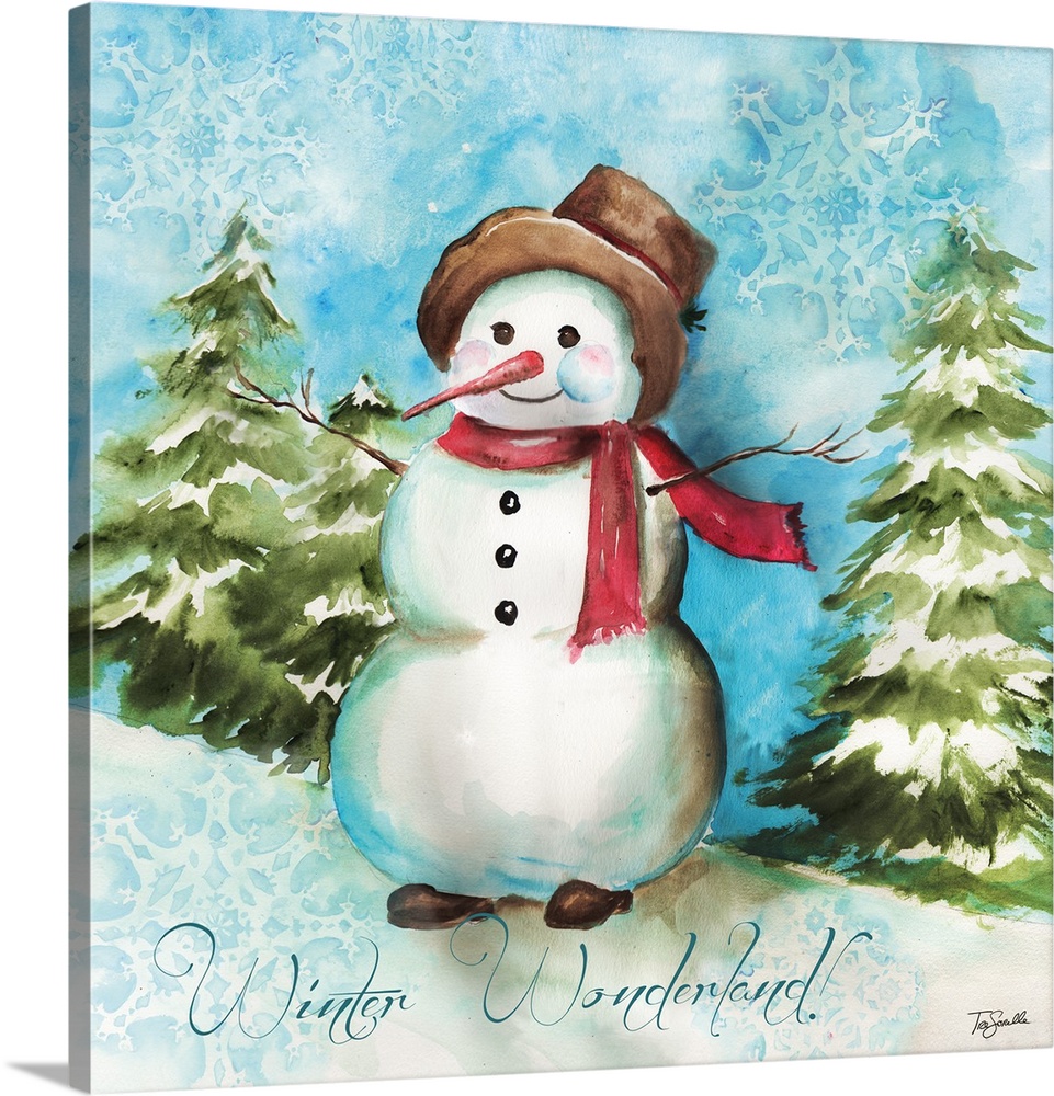 A decorative watercolor image of a snowman in a forest with snowflakes in the sky and the text "Winter Wonderland!"