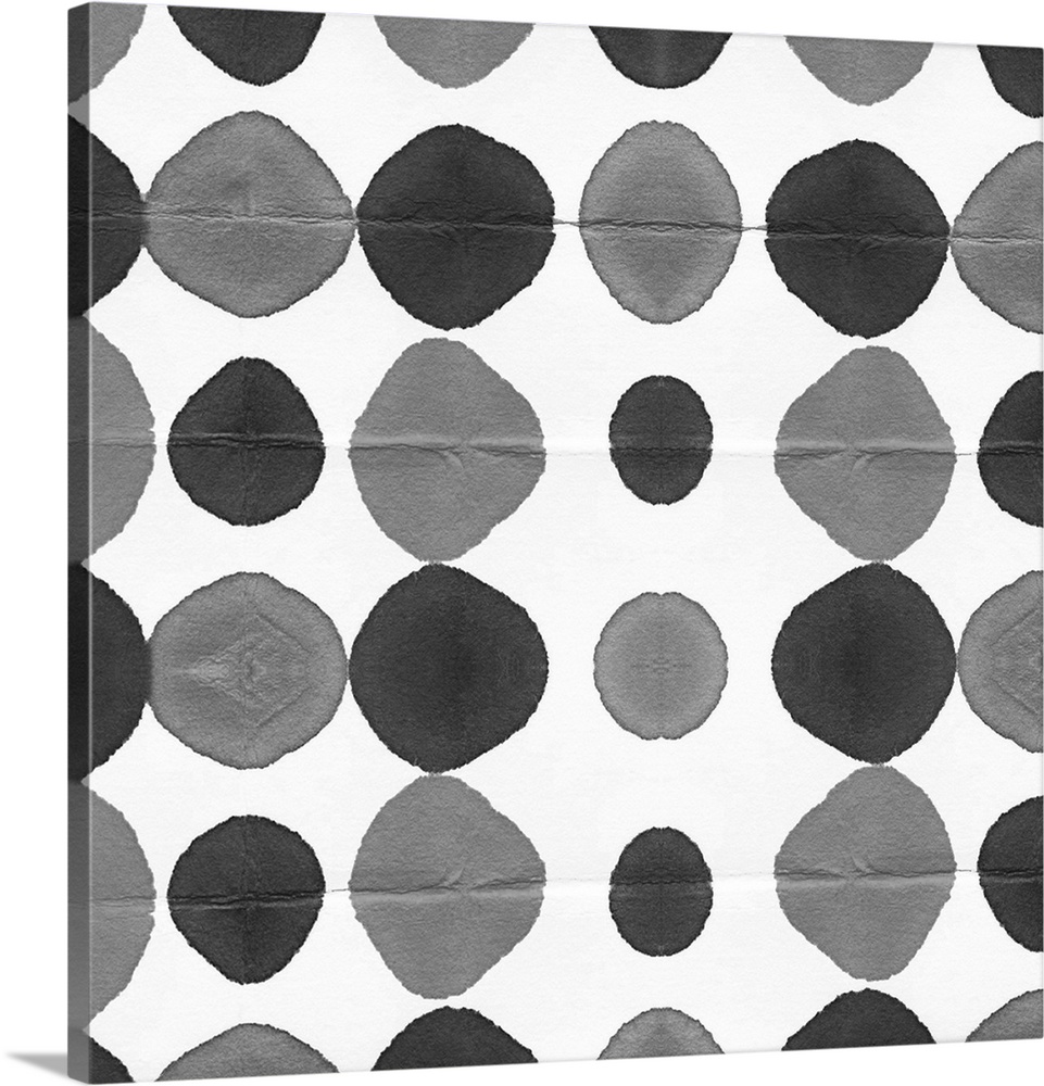 Square decorative artwork of grey and black watercolor circles in rows on a white background.