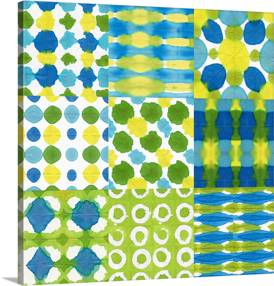 A watercolor design of varies squares in different patterns of blue, green and yellow.