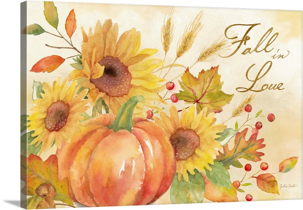 "Fall Love" with a pumpkin and autumn flowers in warm shades.
