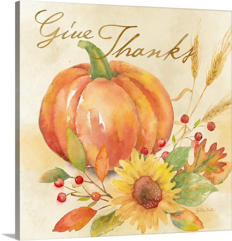 "Give Thanks" with a pumpkin and autumn flowers in warm shades.