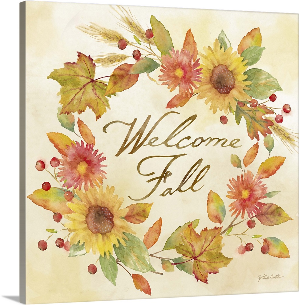 "Welcome Fall" with wreath of autumn flowers and leaves in warm shades.