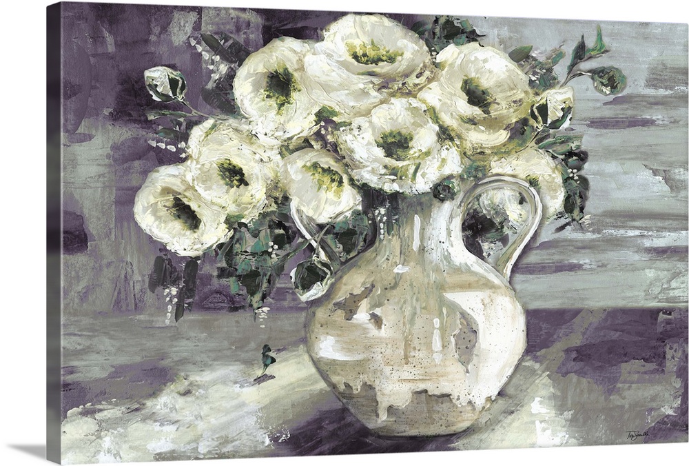 A decorative painting of a pitcher full of white flowers in subdue tones.