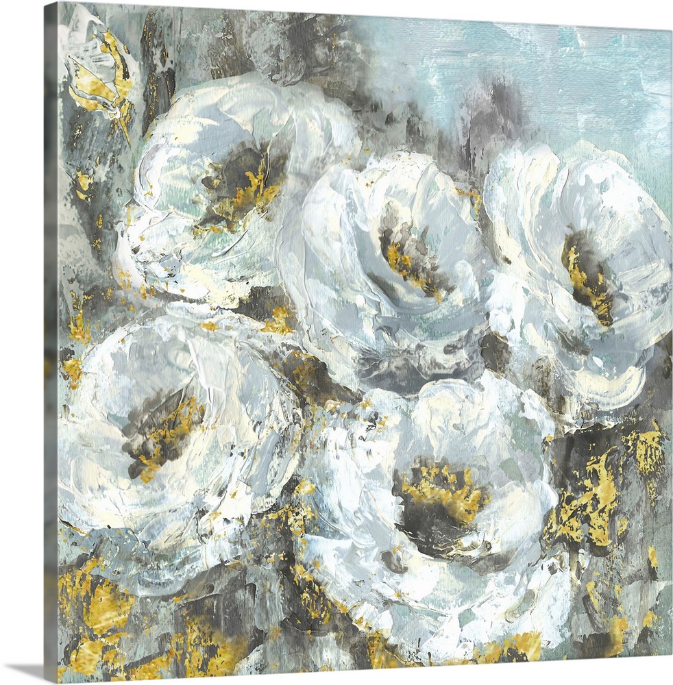 Square contemporary painting of a group of white flowers with a textured effect and gold accents.