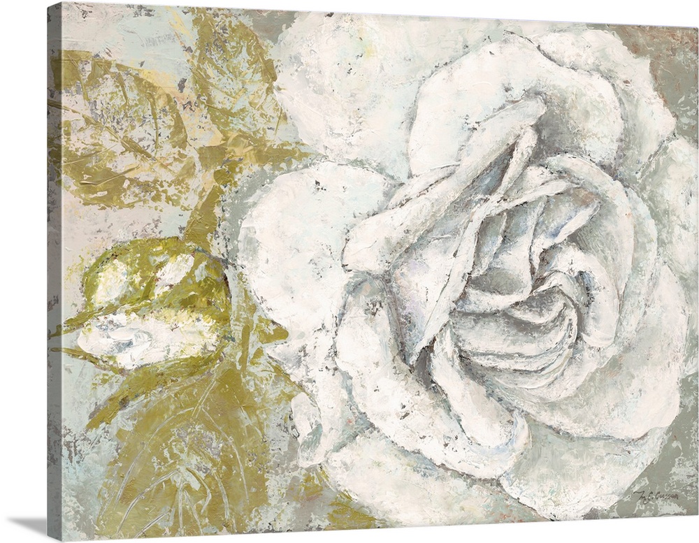A contemporary textured painting of a large white rose and green leaves with a gray background.