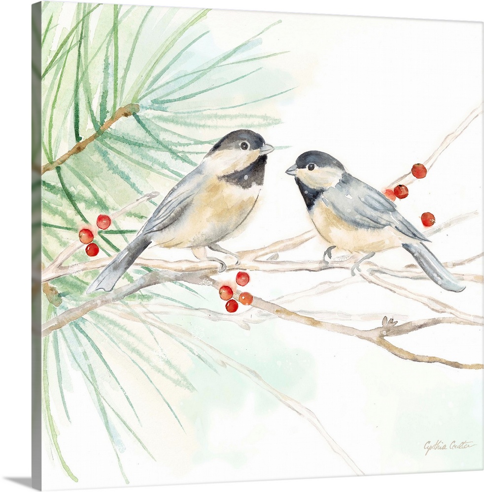 Square artistic painting of a pair of birds perched on a tree branch.
