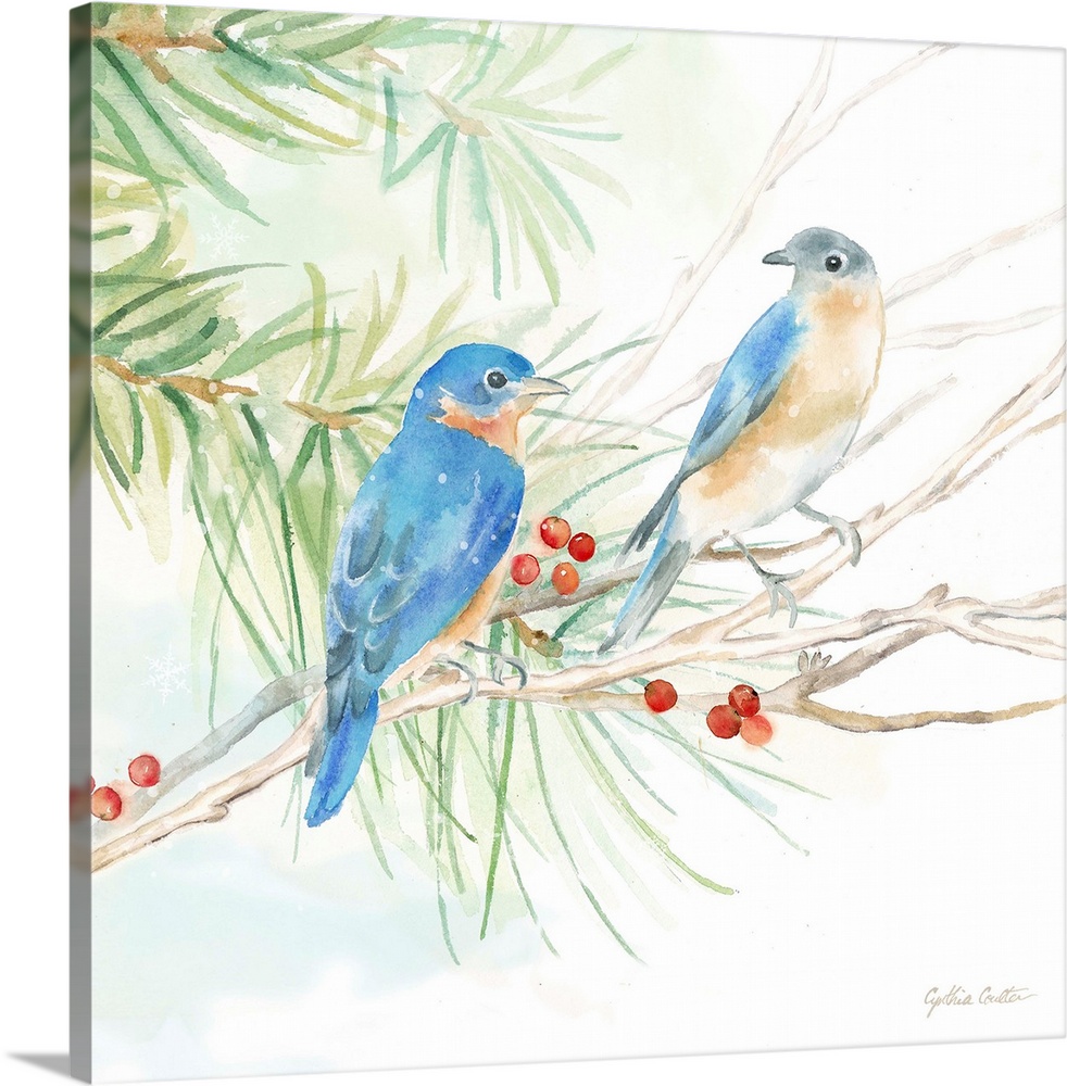 Square artistic painting of a pair of birds perched on a tree branch.