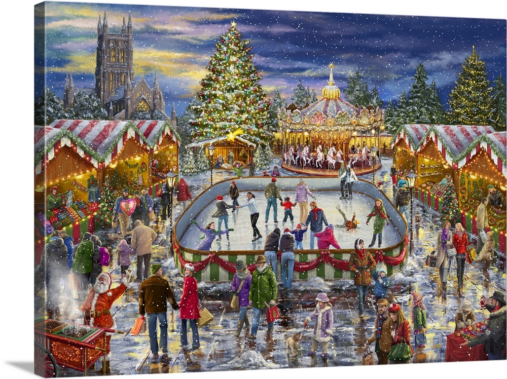 A traditional painting of a holiday carnival scene featuring a skating rink, manger and carousel.