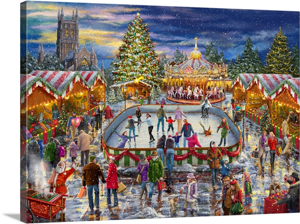 A traditional painting of a holiday carnival scene featuring a skating rink, manger and carousel.