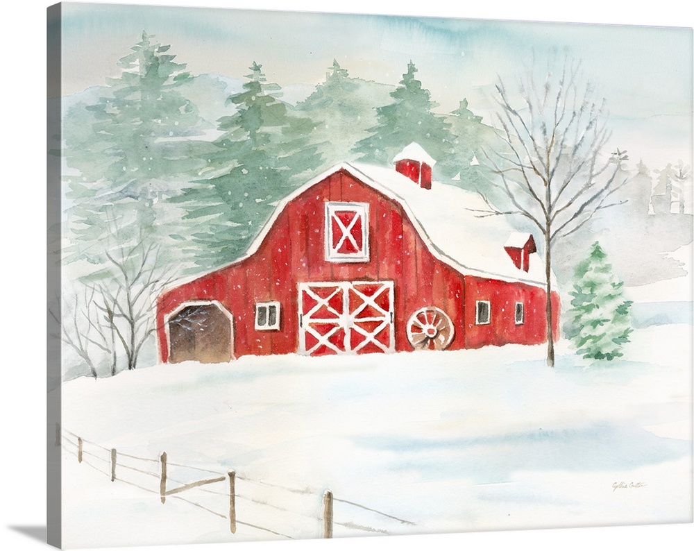 A horizontal watercolor painting of a red barn and field covered in snow.
