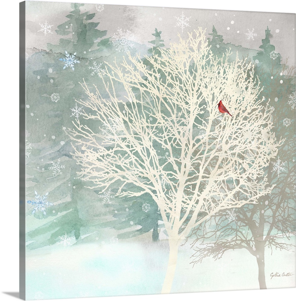 A group of bare trees with a red bird as snowflakes fall.