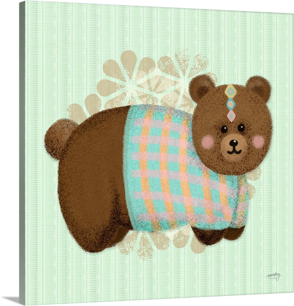 A darling illustration of a brown bear wearing a sweater with a floral pattern on a striped green background.