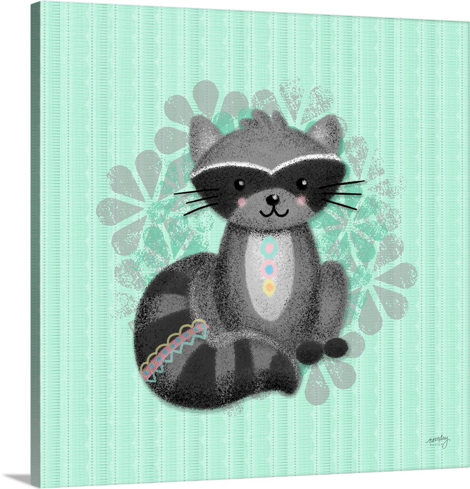 A darling illustration of a raccoon wearing decorative markings on it's chest and tail with a floral pattern on a striped ...