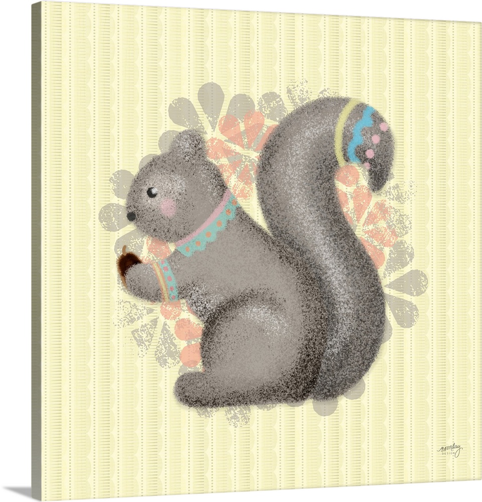 A darling illustration of a squirrel wearing decorative markings on it's neck and tail with a floral pattern on a striped ...