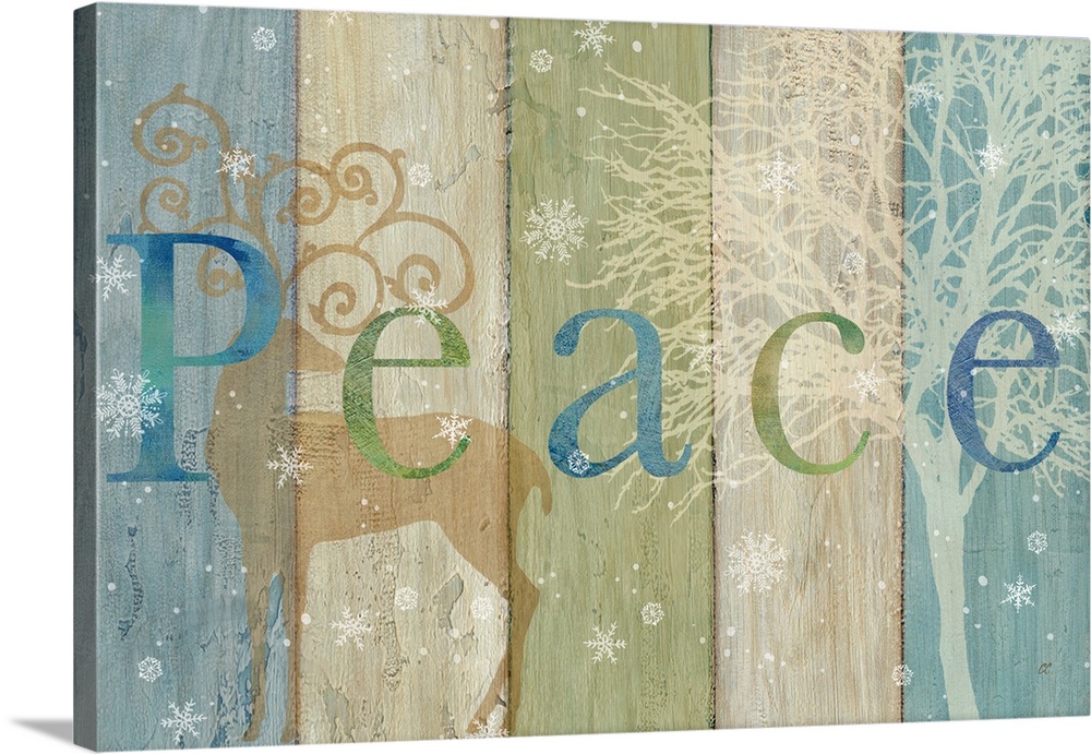 "Peace" on a blue, green and tan wood panel background with a reindeer, tree and snowflakes.