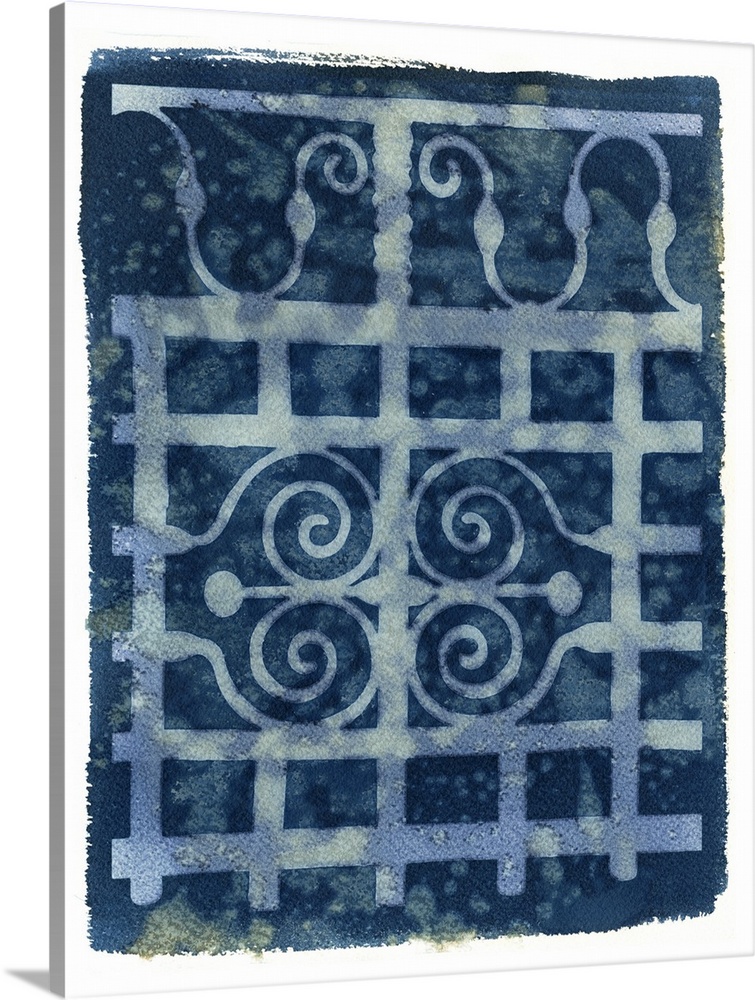 Creative artwork in the style of a cyanotype of an iron gate with a rough white border.