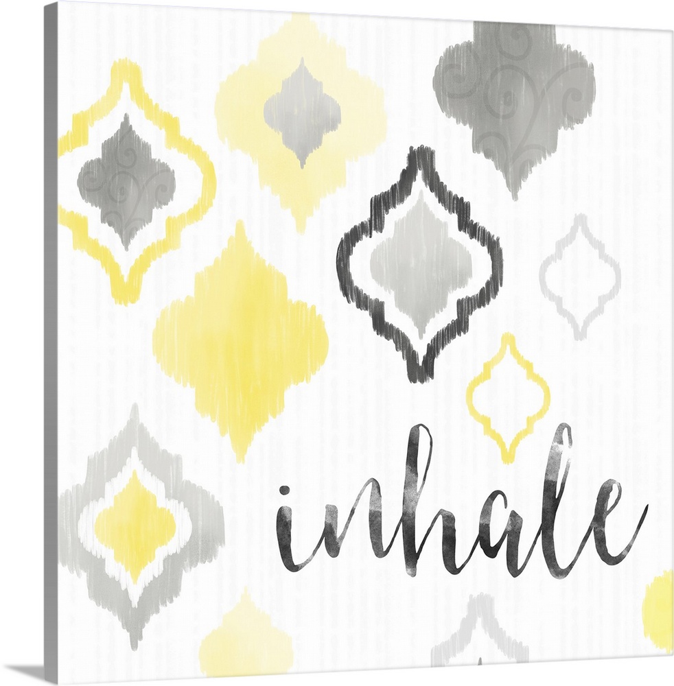 A square decorative artwork of Moroccan tile designs in yellow and gray with the text 'inhale'.