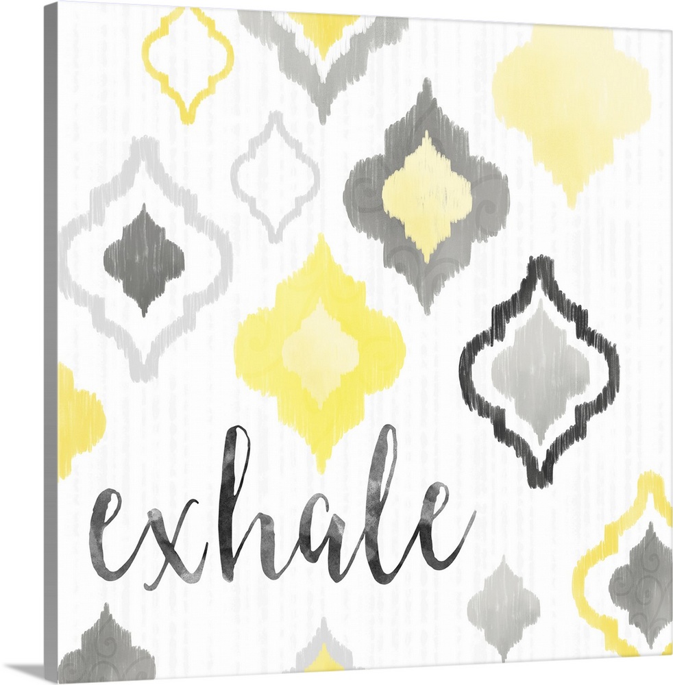 A square decorative artwork of Moroccan tile designs in yellow and gray with the text 'exhale'.
