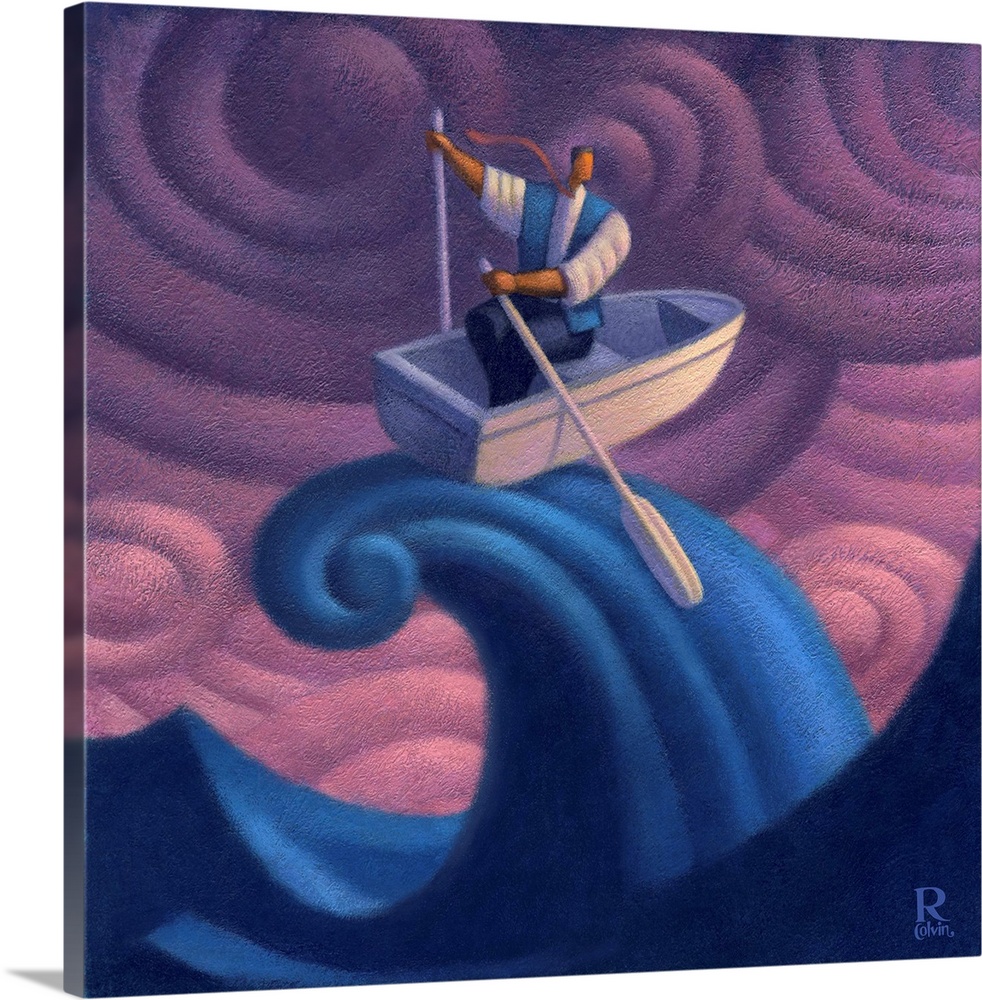 Contemporary painting of a man struggling to row against the tide.