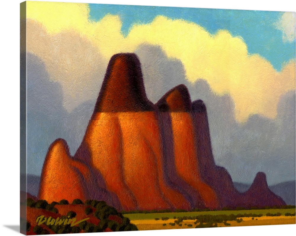 Landscape painting of a desert butte with bright clouds.